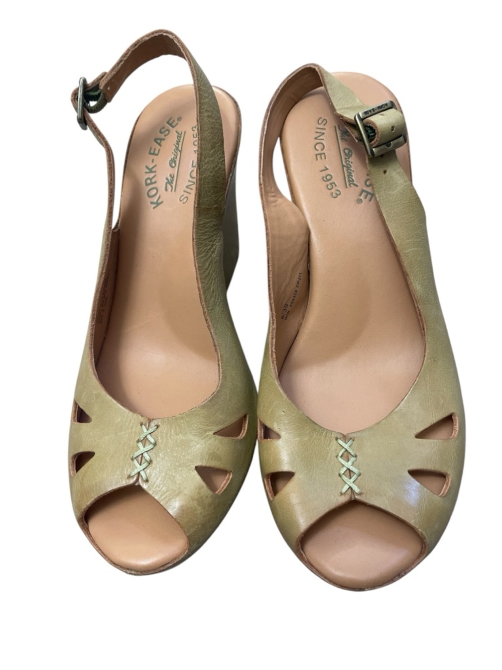 Retro 70s Kork-Ease Leather Peep-Toe Platform Wedge Slingbacks Festival Boho - Picture 2 of 6